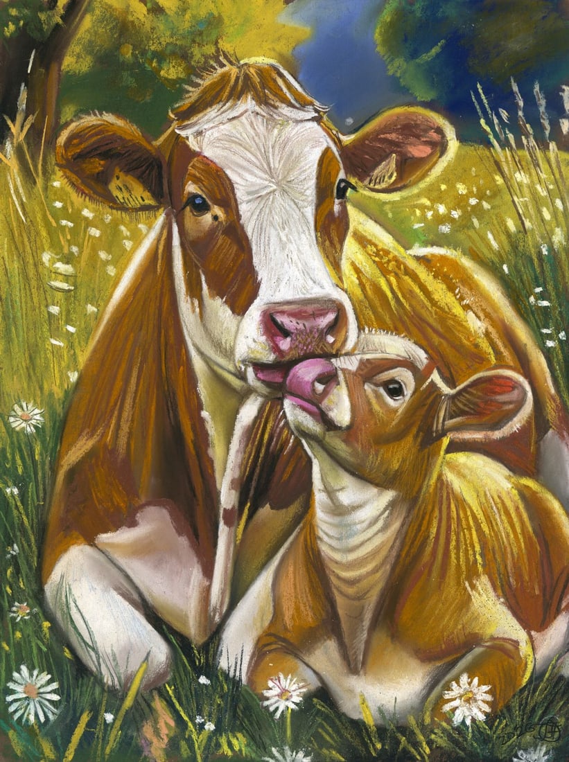 Genadiy Achkasov (Ukraine,b 1965) pastel painting: ARTIST: Genadiy Achkasov (Ukrainian, born 1965) TITLE: Cow with Calf MEDIUM: pastel on paper CONDITION: Very good. ART SIZE: 16 x 12 inches / 41 x 30 cm<