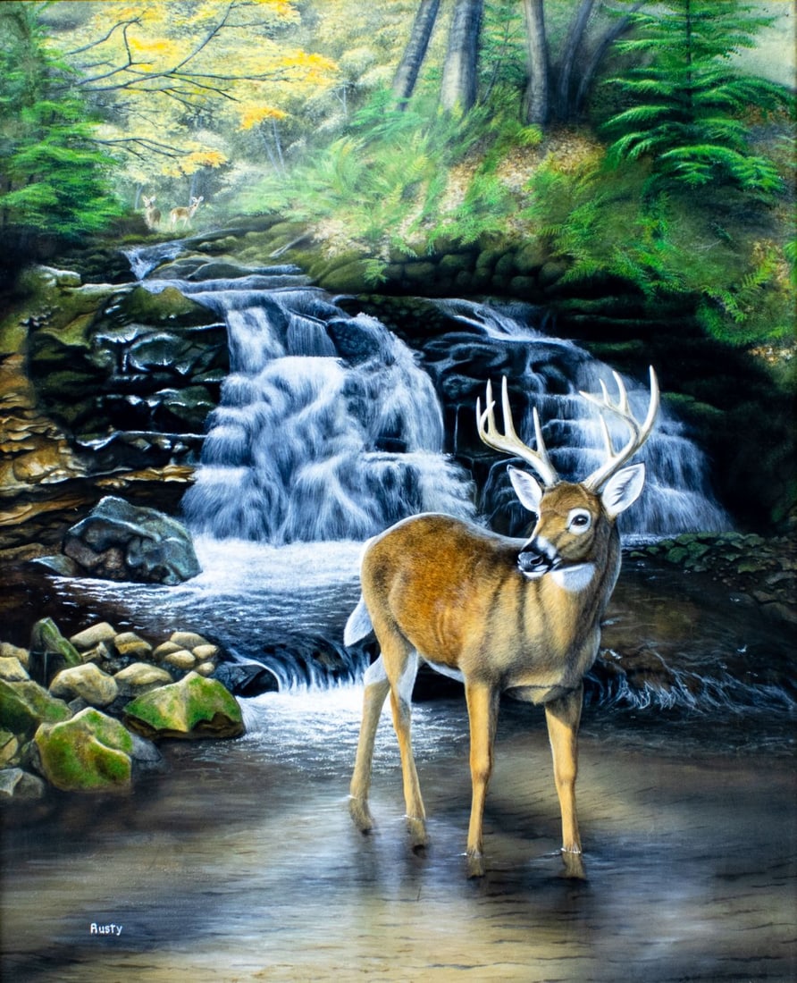 Rusty Frentner (MI,b 1958) acrylic painting: ARTIST: Rusty Frentner (Michigan, born 1958) TITLE: Before the Rut MEDIUM: acrylic on board CONDITION: Very good. No visible inpaint under UV light. Small damages to frame.