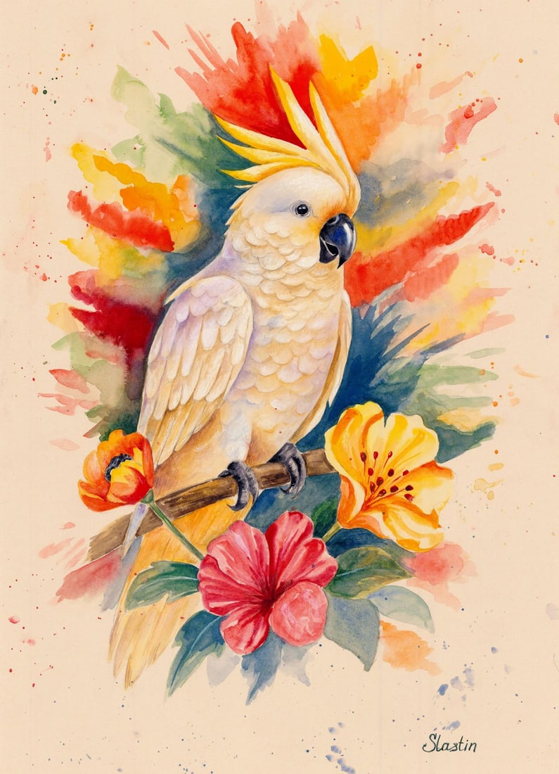 Katerina Slastin (Ukraine,20/21C) watercolor painting: ARTIST: Katerina Slastin (Ukraine, 20/21 centuries) TITLE: Cockatoo Parrot Bird MEDIUM: watercolor on heavy paper CONDITION: Very good. ART SIZE: 17 x 12