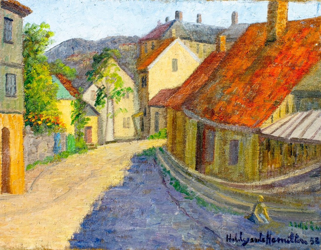 Hildegarde Hamilton (FL,VA,1898-1970) oil painting: ARTIST: Hildegarde Hume Hamilton (Florida, Virginia, 1898 - 1970) TITLE: Cityscape YEAR: 1958 MEDIUM: oil on canvas CONDITION: Few minor paint losses.