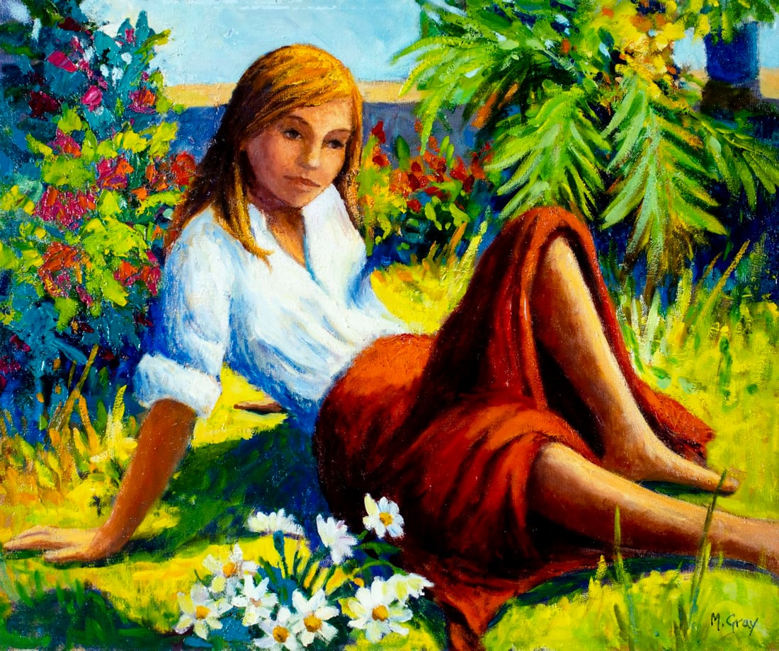 M Gray (US,20C) oil painting: ARTIST: M Gray (American, 20 century) TITLE: Woman in Garden MEDIUM: oil on canvas CONDITION: One small scratch/paint loss by the upper edge. No visible inpaint under UV lig
