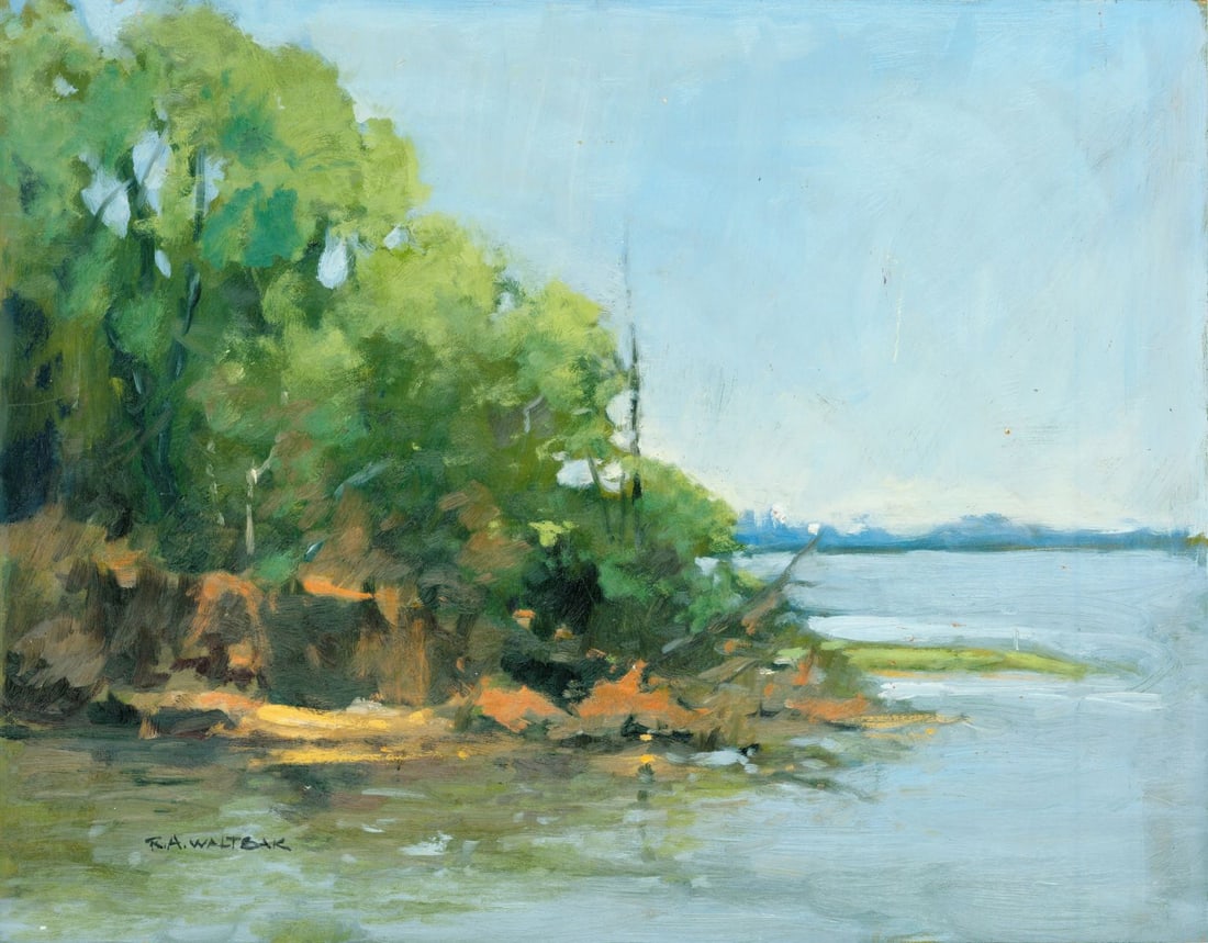 Robert Waltsak (NJ,b 1944) oil painting: ARTIST: Robert Alan Waltsak (New Jersey, born 1944) TITLE: Coastal Landscape MEDIUM: oil on board CONDITION: Few minor scratches/paint losses. No visible inpaint under UV li