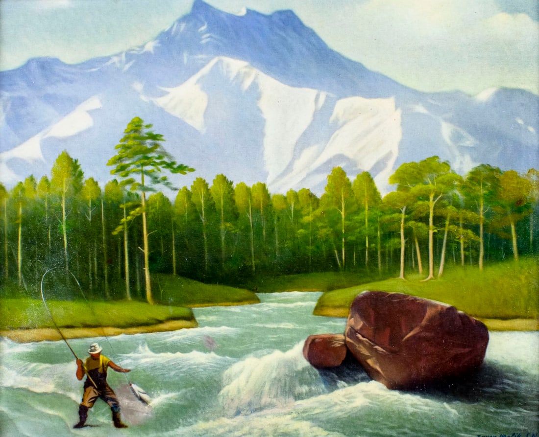 Zaven Melik (NY,mid 20C) oil painting: ARTIST: Zaven Melik (New York, mid 20 century) TITLE: River Landscape with Fisherman MEDIUM: oil on canvas CONDITION: Few patches. Some scattered inpaitings/touch ups. Some