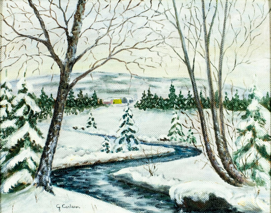ATTR Gustav Herbert Carlsson (Sweden,1912-1991) oil painting: ARTIST: ATTRIBUTED TO Gustav Herbert Carlsson (Swedish, 1912 - 1991) TITLE: Winter Stream Landscape MEDIUM: oil on board CONDITION: Few small paint losses mostly by the left