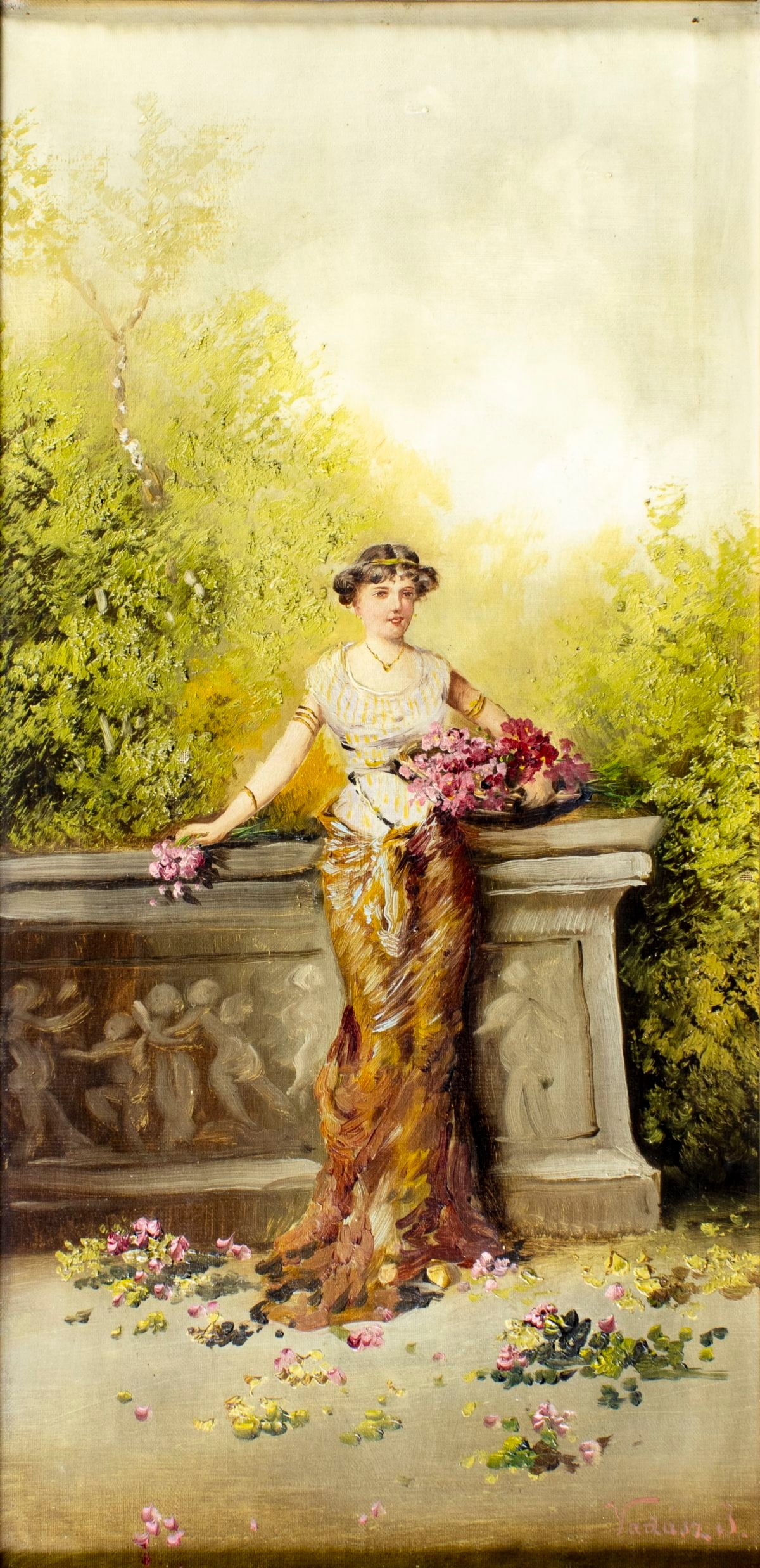 Vadasz (Hungary,early 20C) oil painting antique: ARTIST: Vadasz (Hungarian, early 20 century) TITLE: Portrait of Woman with Flowers MEDIUM: oil on canvas CONDITION: Few small paint losses. Minor craquelure. No visible inpa