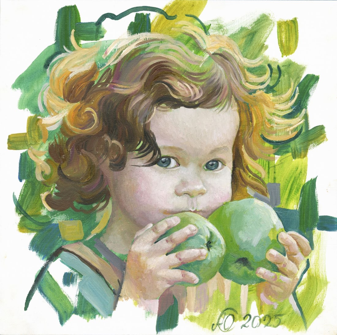 Julia Abramova (Ukraine,20/21C) oil painting: ARTIST: Julia Abramova (Ukrainian, 20/21 centuries) TITLE: Girl with Apples MEDIUM: oil on heavy paper CONDITION: Very good. No visible inpaint under UV light. AR
