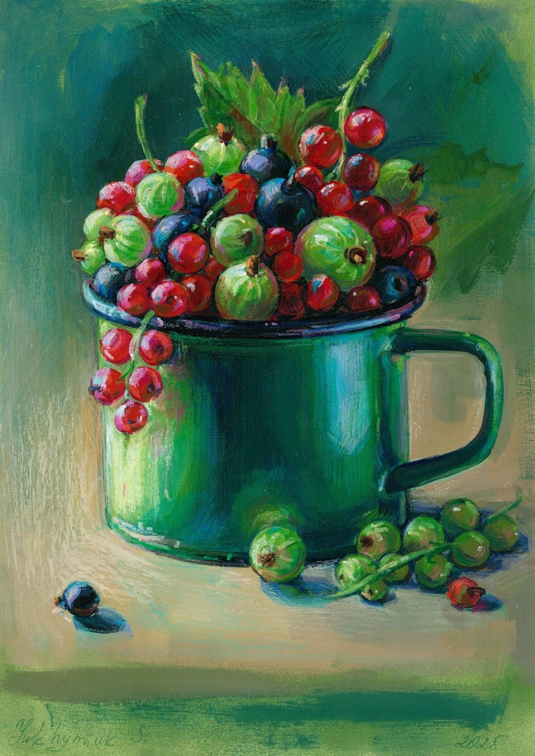 Svetlana Yukhymiuk (Ukraine,20/21C) mixed media painting: ARTIST: Svetlana Yukhymiuk (Ukrainian, 20/21 centuries) TITLE: Still Life with Mug of Berries MEDIUM: mixed media on heavy paper CONDITION: Very good. ART SIZE:</