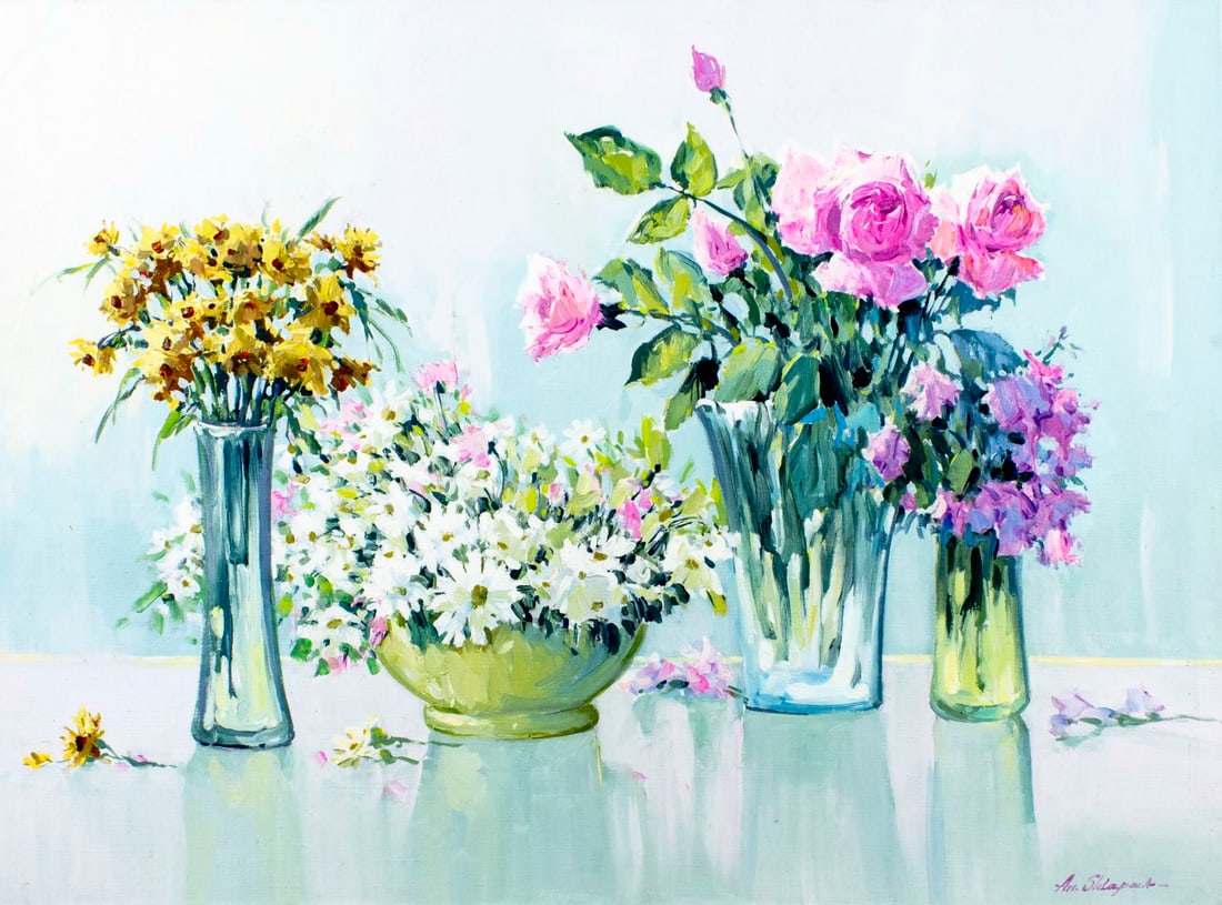 Anatoly Shlapak (Russia,1929-2014) oil painting: ARTIST: Anatoly Shlapak (Russian, 1929 - 2014) TITLE: Still Life with Vases of Flowers MEDIUM: oil on canvas CONDITION: Unstretched (In-House stretching available) (In-Hou