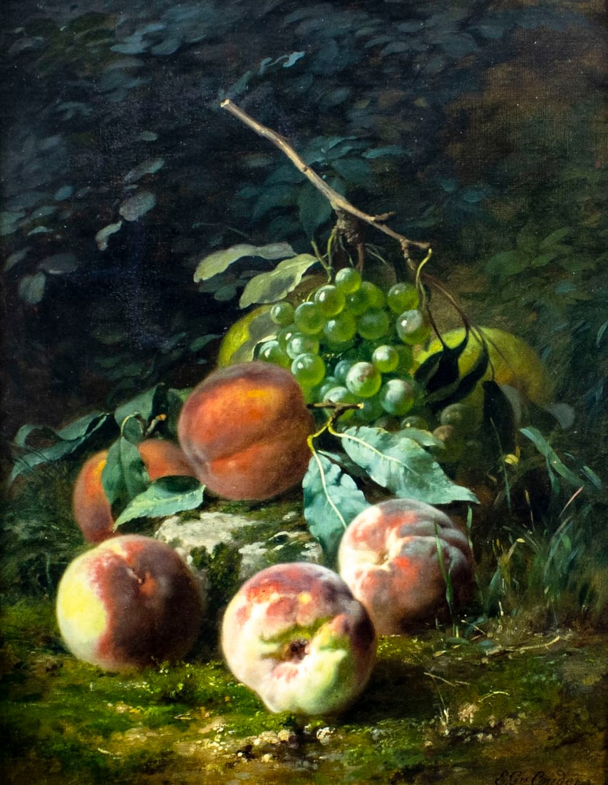 Gustave Emile Couder (France,1845-1903) oil painting antique: ARTIST: Gustave Emile Couder (French, 1845 - 1903) TITLE: Still Life with Peaches and Grapes MEDIUM: oil on canvas CONDITION: Relined. Few tears with corresponding inpaint