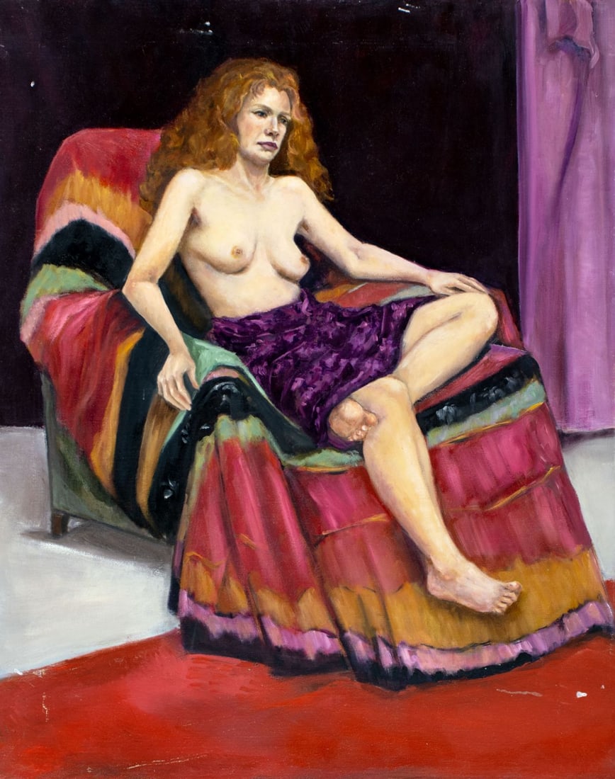 Penny Purpura (US,20C) oil painting: ARTIST: Penny Purpura (American, 20 century) TITLE: Seated Semi Nude Female MEDIUM: oil on canvas CONDITION: Some small scratches/paint losses mostly along edges. No visible