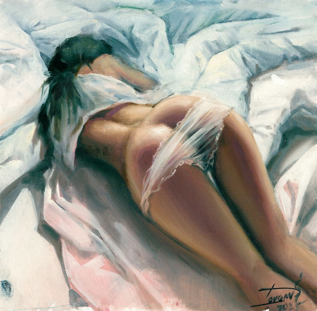 Sergey Dovgan (Ukraine,b 1976) oil painting: ARTIST: Sergey Dovgan (Ukrainian, born 1976) TITLE: Nude MEDIUM: oil on heavy paper CONDITION: Very good. No visible inpaint under UV light. ART SIZE: 12