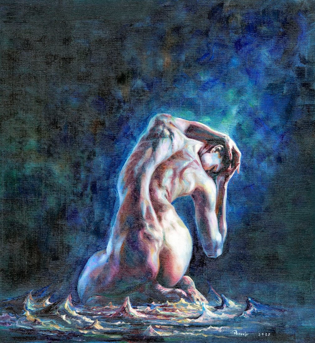 Vitalii Paroviy (Ukraine,b 1986) oil painting: ARTIST: Vitalii Paroviy (Ukrainian, born 1986) TITLE: Kneeling Nude MEDIUM: oil on heavy paper CONDITION: Very good. No visible inpaint under UV light. ART SIZE:<