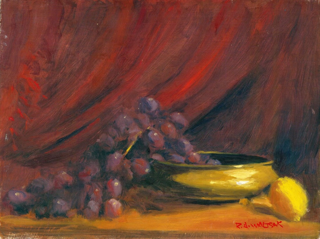Robert Waltsak (NJ,b 1944) oil painting: ARTIST: Robert Alan Waltsak (New Jersey, born 1944) TITLE: Still Life with Grapes and Lemon MEDIUM: oil on board CONDITION: Few minor scratches/paint losses. No visible inpa