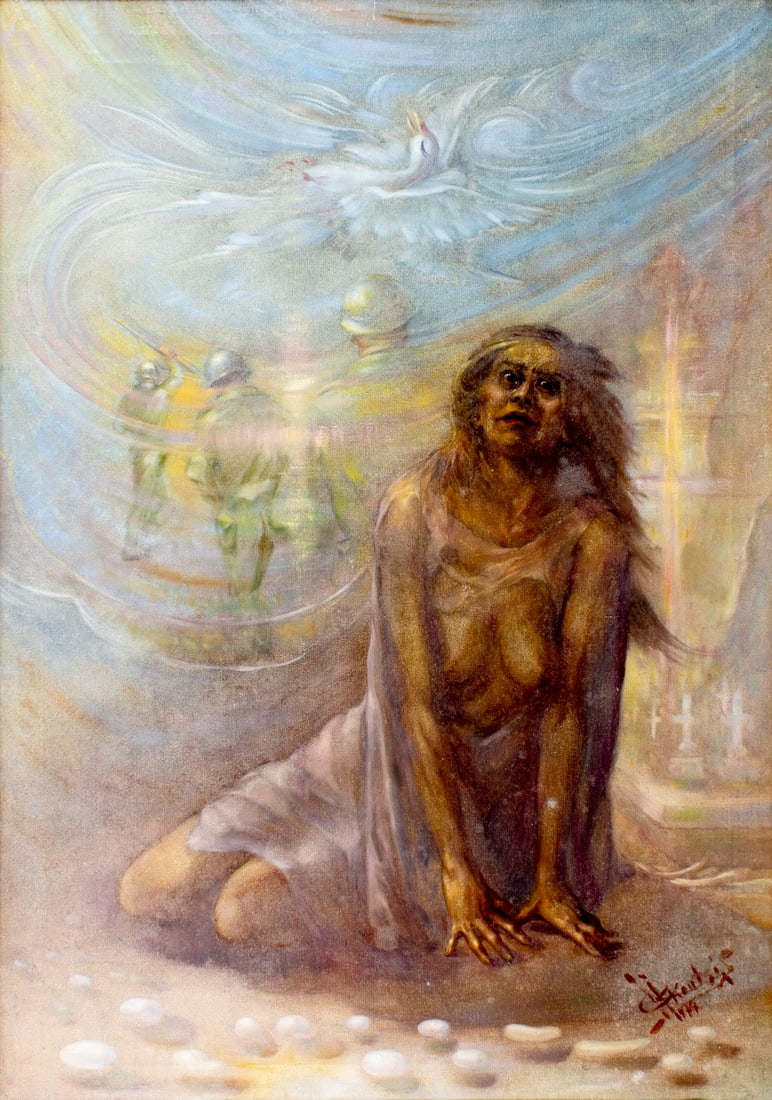 Koutsis (20C) oil painting: ARTIST: Koutsis (20 century) TITLE: The War YEAR: 1974 MEDIUM: oil on canvas CONDITION: One small patch and two repaired tears with corresponding inpaint