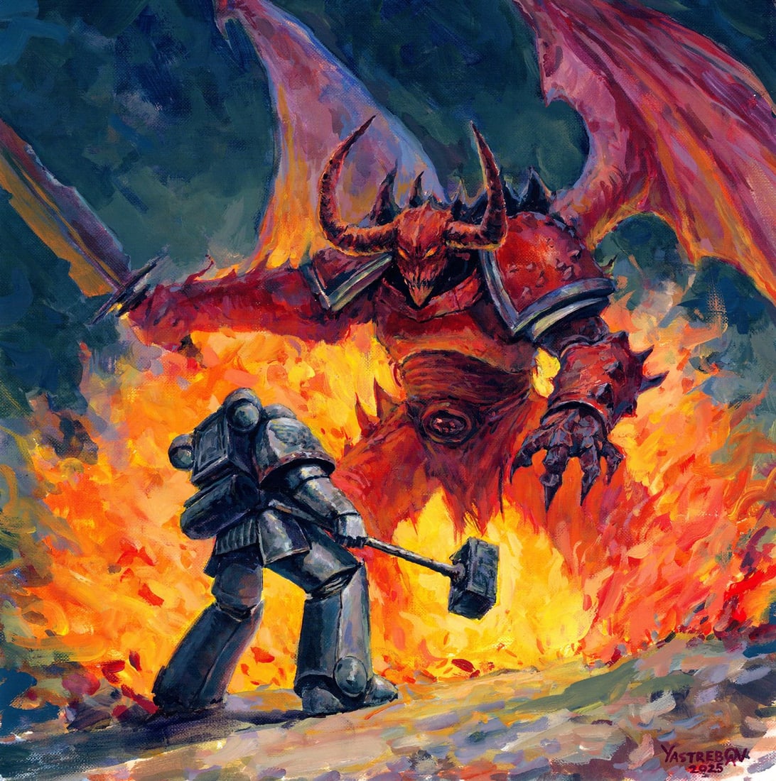 Aleksandr Yastrebov (Ukraine,b 1989) oil painting: ARTIST: Aleksandr Yastrebov (Ukraine, born 1989) TITLE: Warhammer 40k Space Marine MEDIUM: oil on heavy paper CONDITION: Very good. No visible inpaint under UV light.