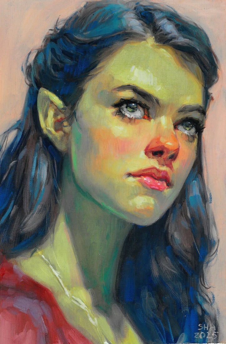 Anna Shariha (Ukraine,b 1998) oil painting: ARTIST: Anna Shariha (Ukrainian, born 1998) TITLE: She-Hulk MEDIUM: oil on heavy paper CONDITION: Very good. No visible inpaint under UV light. ART SIZE: