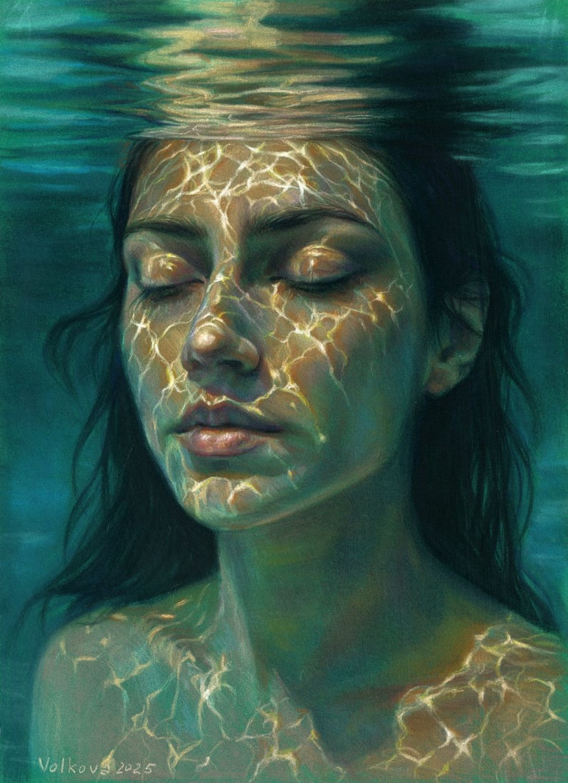 Anna Volkova (Ukraine,20/21C) pastel painting: ARTIST: Anna Volkova (Ukrainian, 20/21 centuries) TITLE: Woman Underwater MEDIUM: pastel on heavy paper CONDITION: Very good. ART SIZE: 12 x 8 inches / 3