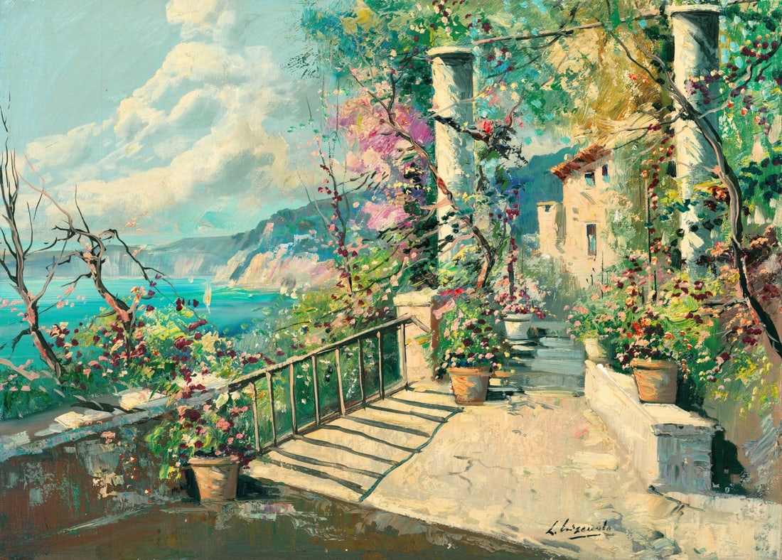 L Criscuolo (Italy,20C) oil painting: ARTIST: L Criscuolo (Italian, 20 century) TITLE: Coastal Cityscape MEDIUM: oil on canvas CONDITION: Unstretched (In-House stretching available). Few minor paint losses. No v