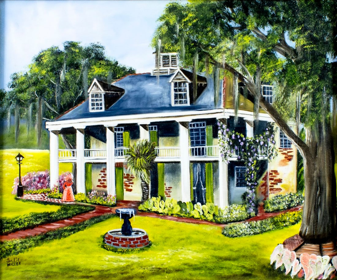 Jackie Waller (US,20C) oil painting: ARTIST: Jackie Waller (American, 20 century) TITLE: Landscape with Mansion MEDIUM: oil on canvas CONDITION: Missing a few flakes of paint. No visible inpaint under UV light.