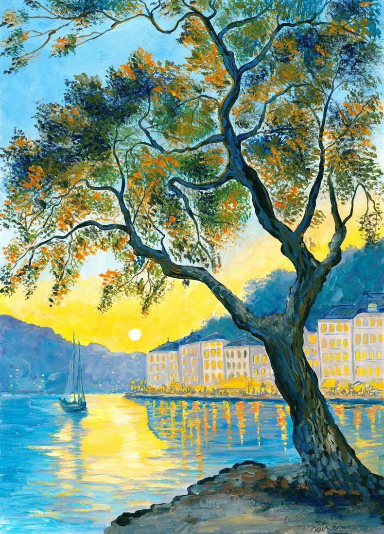 Katerina Kovalevska (Ukraine,20/21C) acrylic painting: ARTIST: Katerina Kovalevska (Ukrainian, 20/21 centuries) TITLE: Sunset Coastal Cityscape MEDIUM: acrylic on heavy paper CONDITION: Very good. ART SIZE: 1