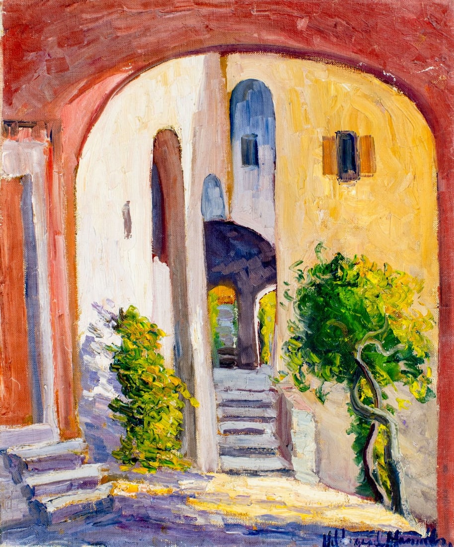 Hildegarde Hamilton (FL,VA,1898-1970) oil painting: ARTIST: Hildegarde Hume Hamilton (Florida, Virginia, 1898 - 1970) TITLE: Cityscape MEDIUM: oil on canvas CONDITION: Some small scratches/paint losses. Minor craquelure. No