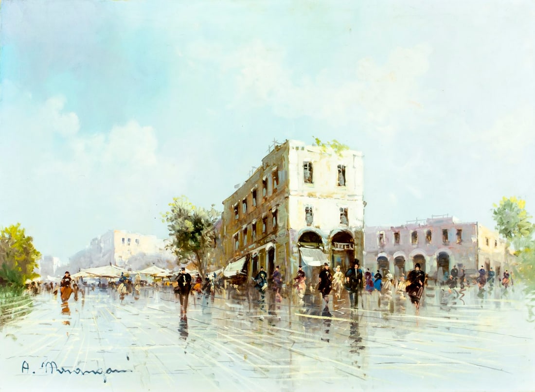 Aldo Marangoni (Italy,20C) oil painting: ARTIST: Aldo Marangoni (Italian, 20 century) TITLE: Cityscape MEDIUM: oil on canvas CONDITION: Few minor paint losses. Minor craquelure. No visible inpaint under UV light. N