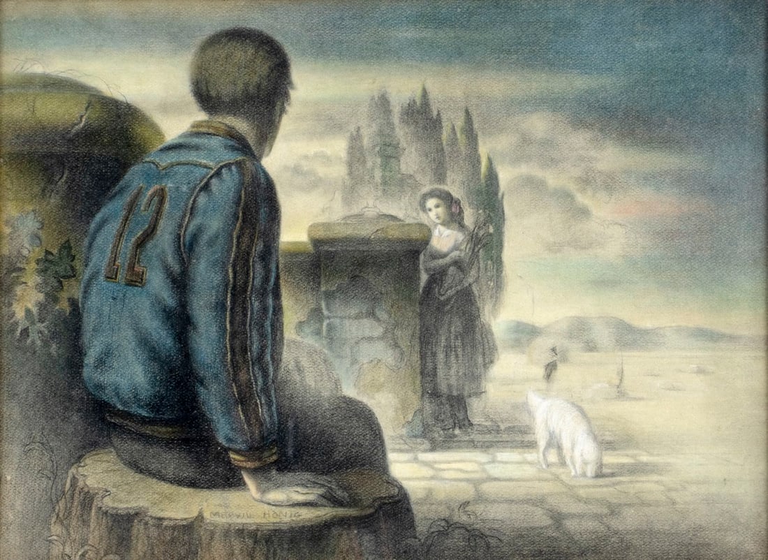 Mervin Honig (NY,1920-1990) pastel painting: ARTIST: Mervin Honig (New York, 1920 - 1990) TITLE: Young Lovers YEAR: 1964 MEDIUM: pastel on paper CONDITION: Very good. Framed under glass. Normal we