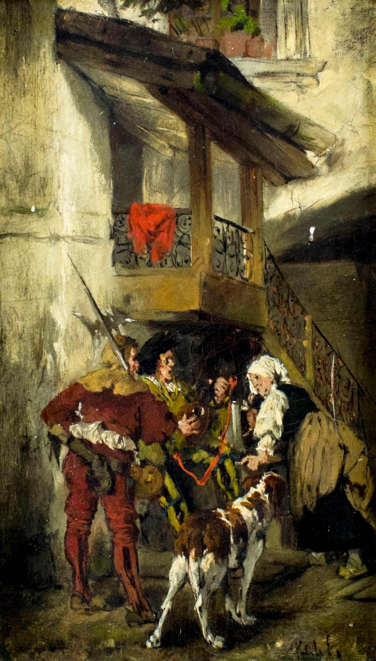 Antique 19C European oil painting signed: ARTIST: - (Europe, 19 century) TITLE: The Visitors MEDIUM: oil on board CONDITION: Missing a few flakes of paint. Minor craquelure. No visible inpaint under UV light.