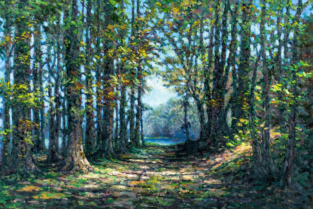 Kontae (US,20C) oil painting: ARTIST: Kontae (American, 20 century) TITLE: Forest Landscape MEDIUM: oil on canvas CONDITION: Few minor paint losses. No visible inpaint under UV light. Normal wear along e