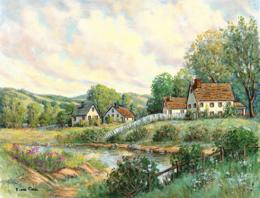 Fiora Cozzi (NY,1922-1992) oil painting: ARTIST: Fiora Cozzi (New York, 1922 - 1992) TITLE: Village Landscape MEDIUM: oil on canvas CONDITION: Unstretched (In-House stretching available). Minor paint losses. No v