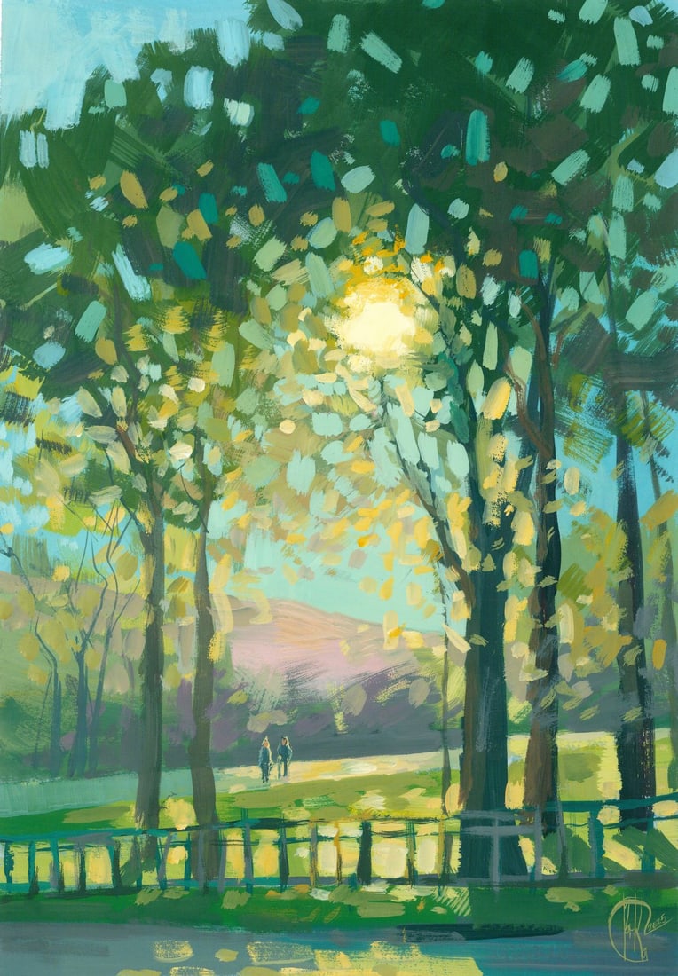Ivanna Kotulych (Ukraine,20/21C) gouache painting: ARTIST: Ivanna Kotulych (Ukrainian, 20/21 centuries) TITLE: Park Landscape MEDIUM: gouache on heavy paper CONDITION: Very good. ART SIZE: 12 x 8 inches /