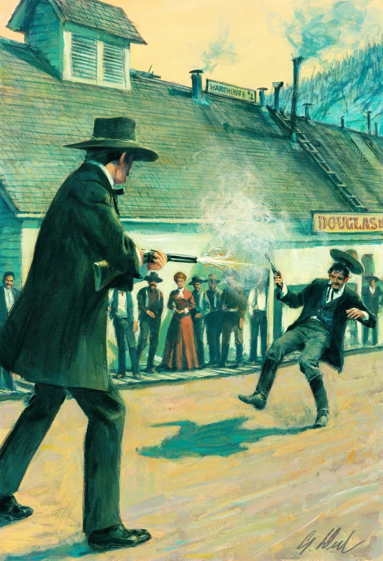 Guy Deel (CA,1933-2005) oil painting: ARTIST: Guy Deel (California, 1933 - 2005) TITLE: Gunfight (titled on verso) MEDIUM: oil on board CONDITION: Some small damages to corners. No visible inpaint under UV lig