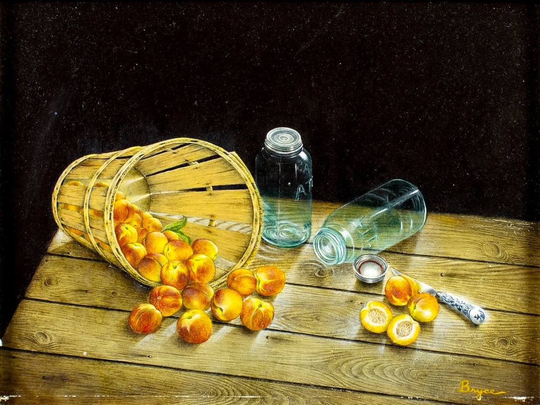 Bryce Hair (US,mid 20C) oil painting: ARTIST: Bryce Hair (American, mid 20 century) TITLE: Still Life with Peach Basket and Bottles YEAR: 1964 MEDIUM: oil on board CONDITION: Minor scratches/