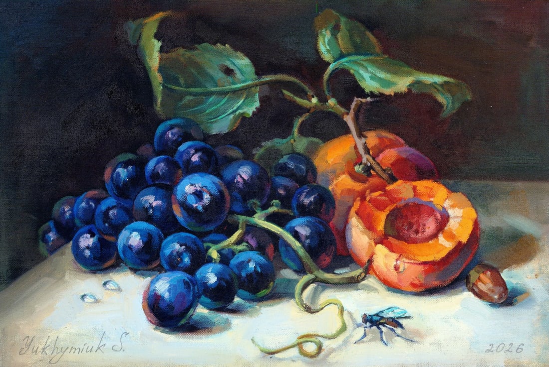 Svetlana Yukhymiuk (Ukraine,20/21C) oil painting: ARTIST: Svetlana Yukhymiuk (Ukraine, 20/21 centuries) TITLE: Still Life with Fruits MEDIUM: oil on heavy paper CONDITION: Very good. No visible inpaint under UV light.