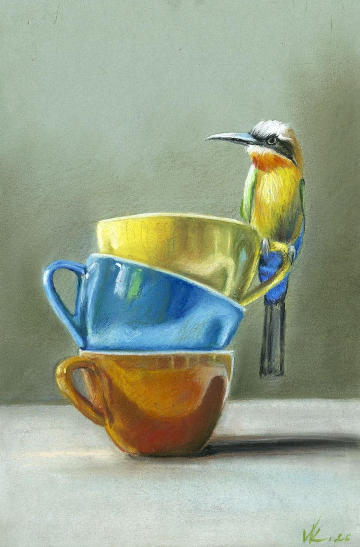 Ksenia Vasilchenko (Ukraine,b 1996) pastel painting: ARTIST: Ksenia Vasilchenko (Ukrainian, born 1996) TITLE: Still Life with Cups and Bird MEDIUM: pastel on heavy paper CONDITION: Very good. ART SIZE: 12 x
