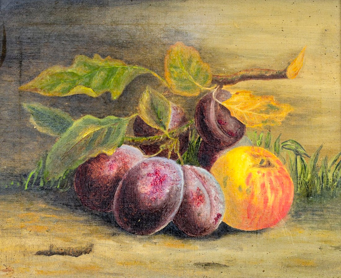 Vintage mid 20C American oil painting: ARTIST: - (American, mid 20 century) TITLE: Still Life with Fruits MEDIUM: oil on canvas CONDITION: Missing a few flakes of paint. No visible inpaint under UV light. Wear