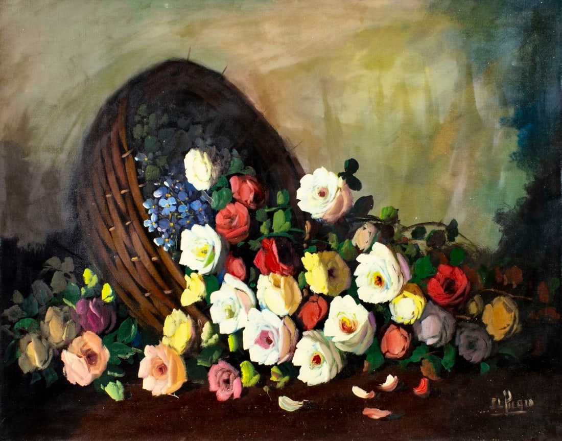I Picero (Europe,20C) oil painting: ARTIST: I Picero (European, 20 century) TITLE: Still Life with Flower Basket MEDIUM: oil on canvas CONDITION: Unstretched (In-House stretching available) (In-House stretchin