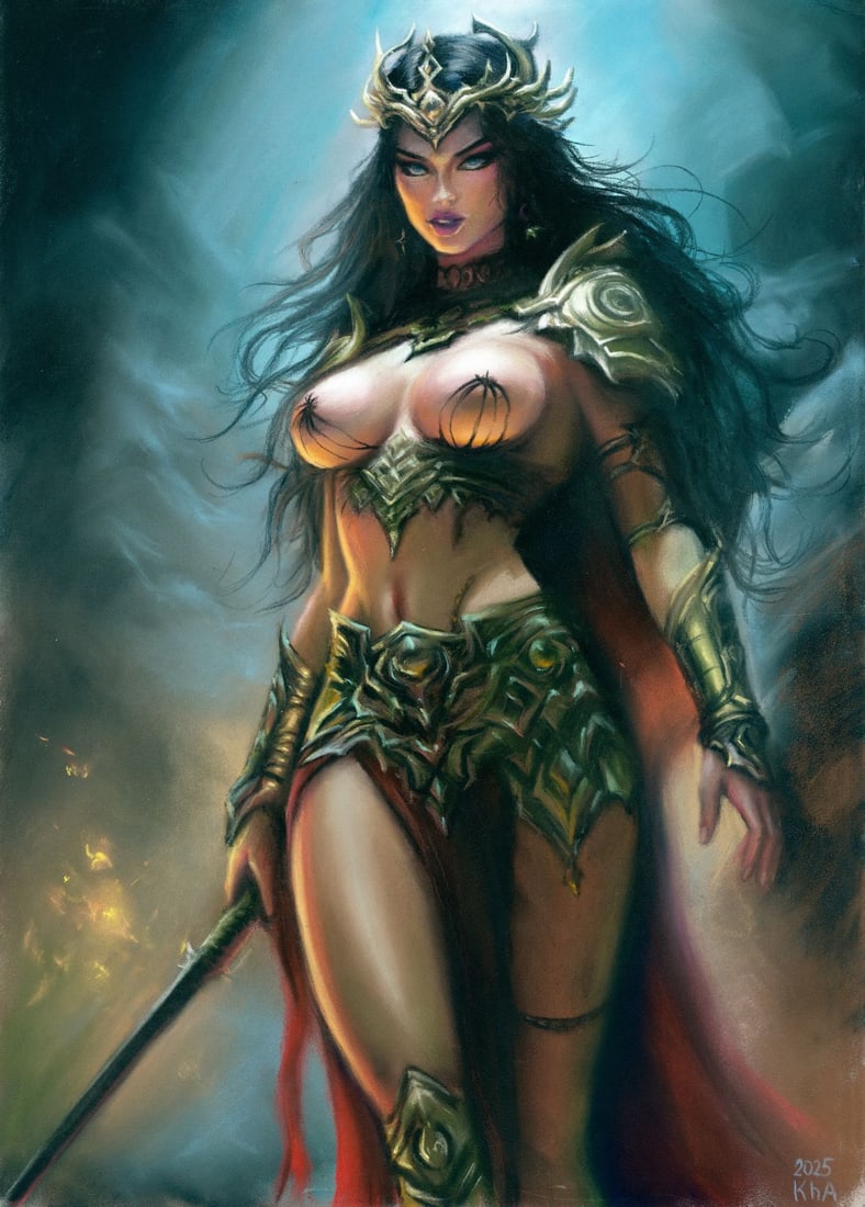 Elena Khafuz (Ukraine,b 1991) pastel painting: ARTIST: Elena Khafuz (Ukrainian, born 1991) TITLE: Warrior Woman MEDIUM: pastel on heavy paper CONDITION: Minor damages to corners. ART SIZE: 16 x 12 inc