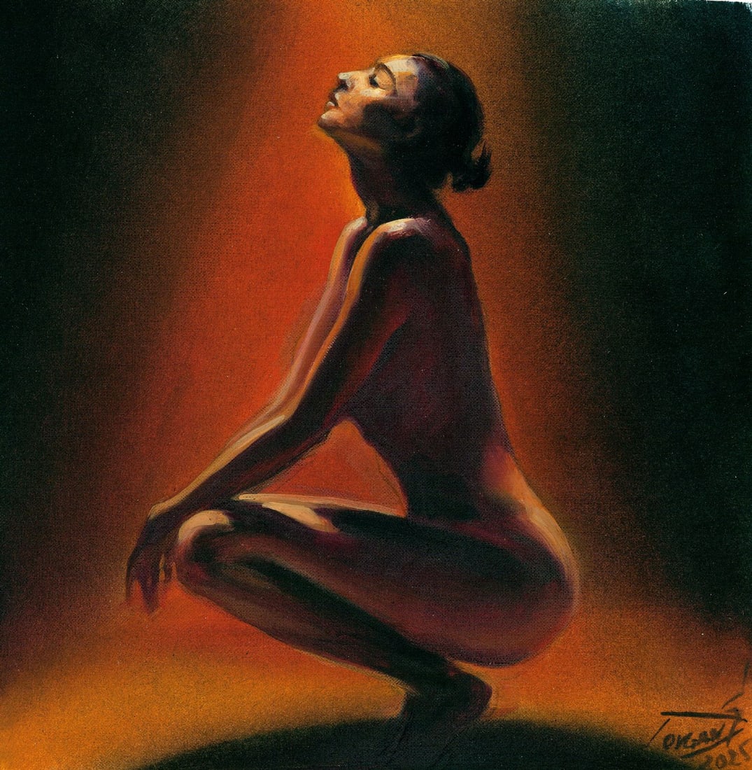 Sergey Dovgan (Ukraine,b 1976) oil painting: ARTIST: Sergey Dovgan (Ukrainian, born 1976) TITLE: Nude MEDIUM: oil on heavy paper CONDITION: Very good. No visible inpaint under UV light. ART SIZE: 12