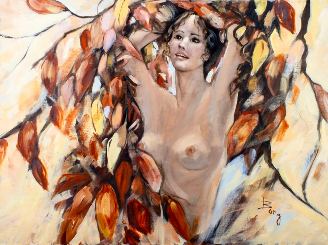 Irene Borg (CA,b 1950) oil painting: ARTIST: Irene Borg (California, born 1950) TITLE: Nude MEDIUM: oil on canvas CONDITION: Unstretched (In-House stretching available) (In-House stretching available). Very goo