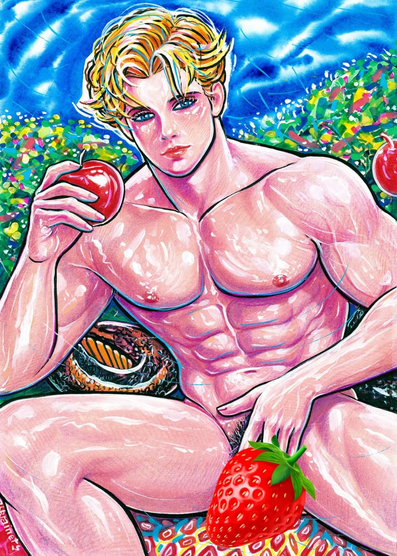 Alex Ukrainets (Ukraine,b 2001) mixed media painting: ARTIST: Alex Ukrainets (Ukrainian, born 2001) TITLE: Male Nude - The Allowed Temptation (titled on verso) MEDIUM: mixed media on heavy paper CONDITION: Very good.
