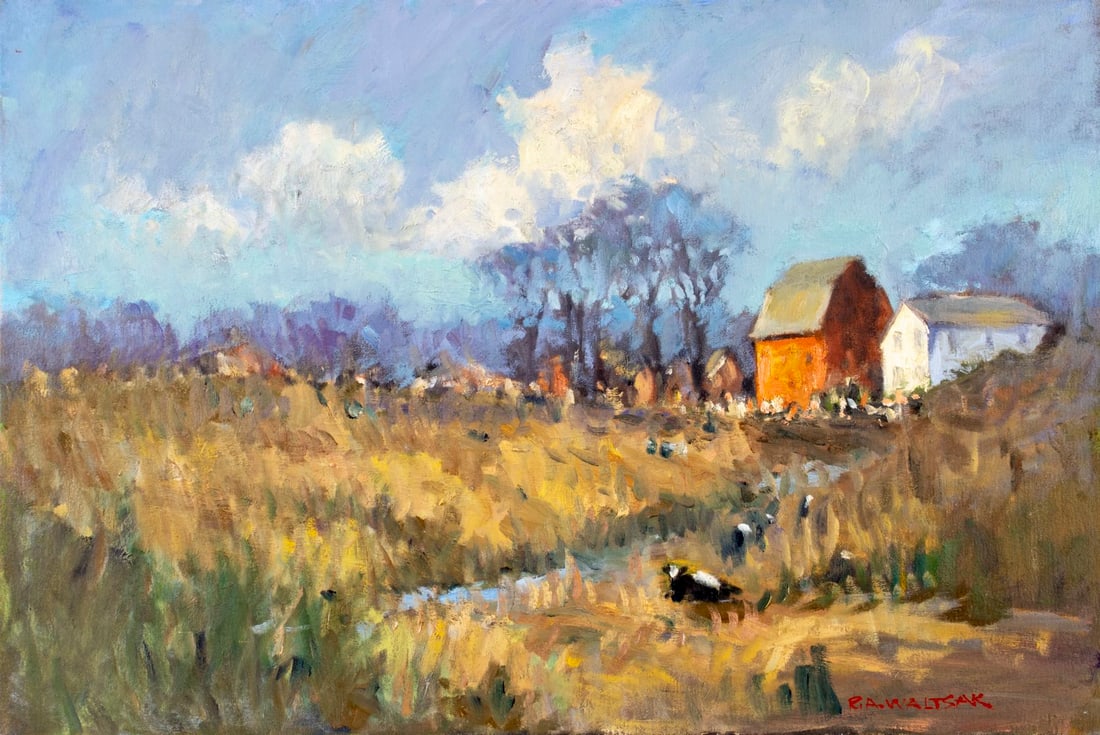 Robert Waltsak (NJ,b 1944) oil painting: ARTIST: Robert Alan Waltsak (New Jersey, born 1944) TITLE: Country Landscape with Cows MEDIUM: oil on canvas CONDITION: Very good. No visible inpaint under UV light.