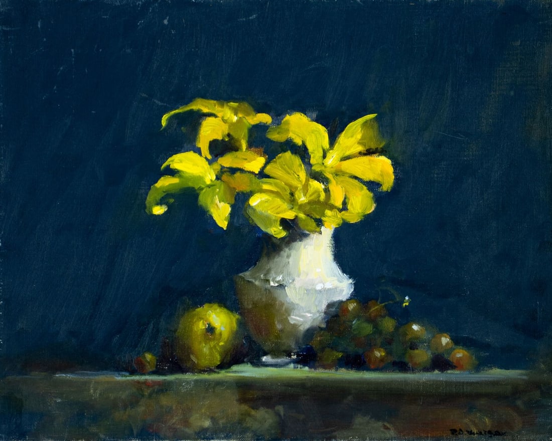 Robert Waltsak (NJ,b 1944) oil painting: ARTIST: Robert Alan Waltsak (New Jersey, born 1944) TITLE: Still Life with Vase of Flowers and Fruit MEDIUM: oil on canvas CONDITION: Some small scratches/paint losses mostl
