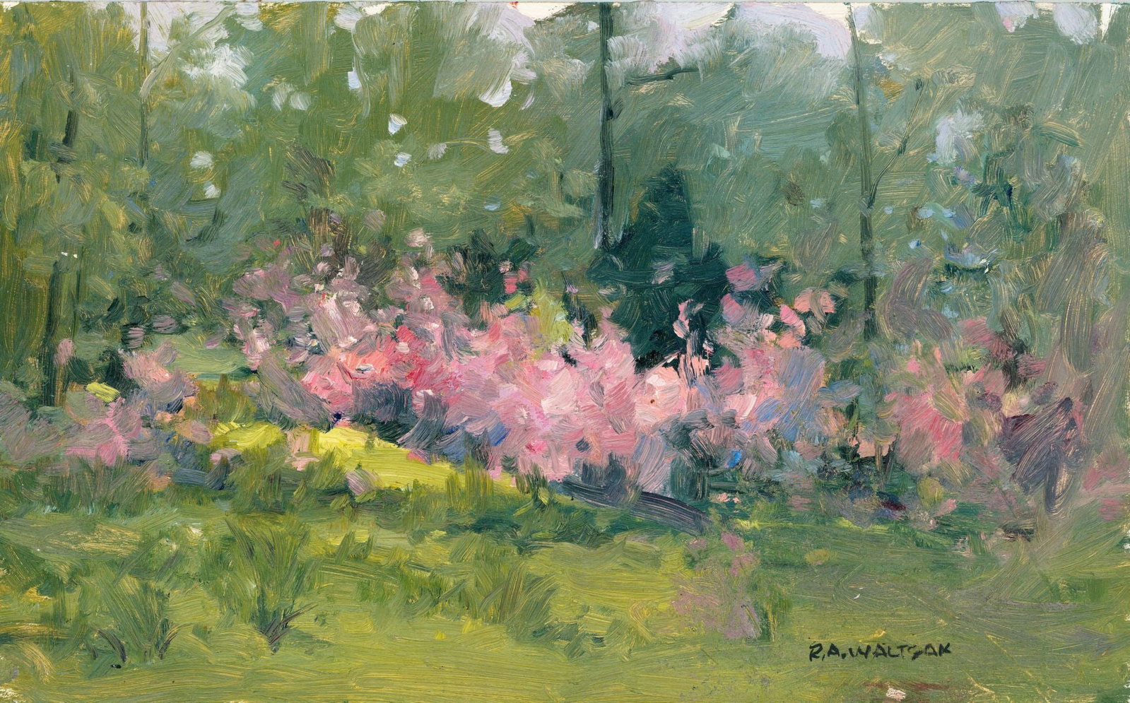 Robert Waltsak (NJ,b 1944) oil painting: ARTIST: Robert Alan Waltsak (New Jersey, born 1944) TITLE: Forest Landscape MEDIUM: oil on board CONDITION: Few minor scratches/paint losses. No visible inpaint under UV lig