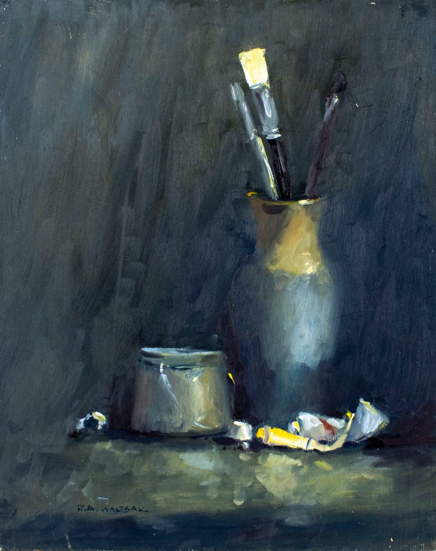 Robert Waltsak (NJ,b 1944) oil painting: ARTIST: Robert Alan Waltsak (New Jersey, born 1944) TITLE: Still Life with Artists Tools MEDIUM: oil on board CONDITION: Few minor scratches/paint losses. No visible inpaint