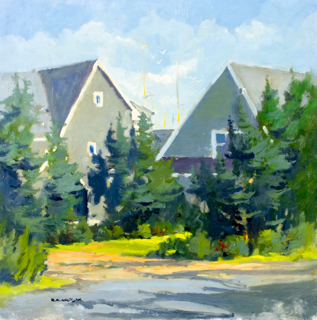 Robert Waltsak (NJ,b 1944) oil painting: ARTIST: Robert Alan Waltsak (New Jersey, born 1944) TITLE: Town Scene MEDIUM: oil on board CONDITION: Some small damage to the upper left corner. Few small scratches/paint l