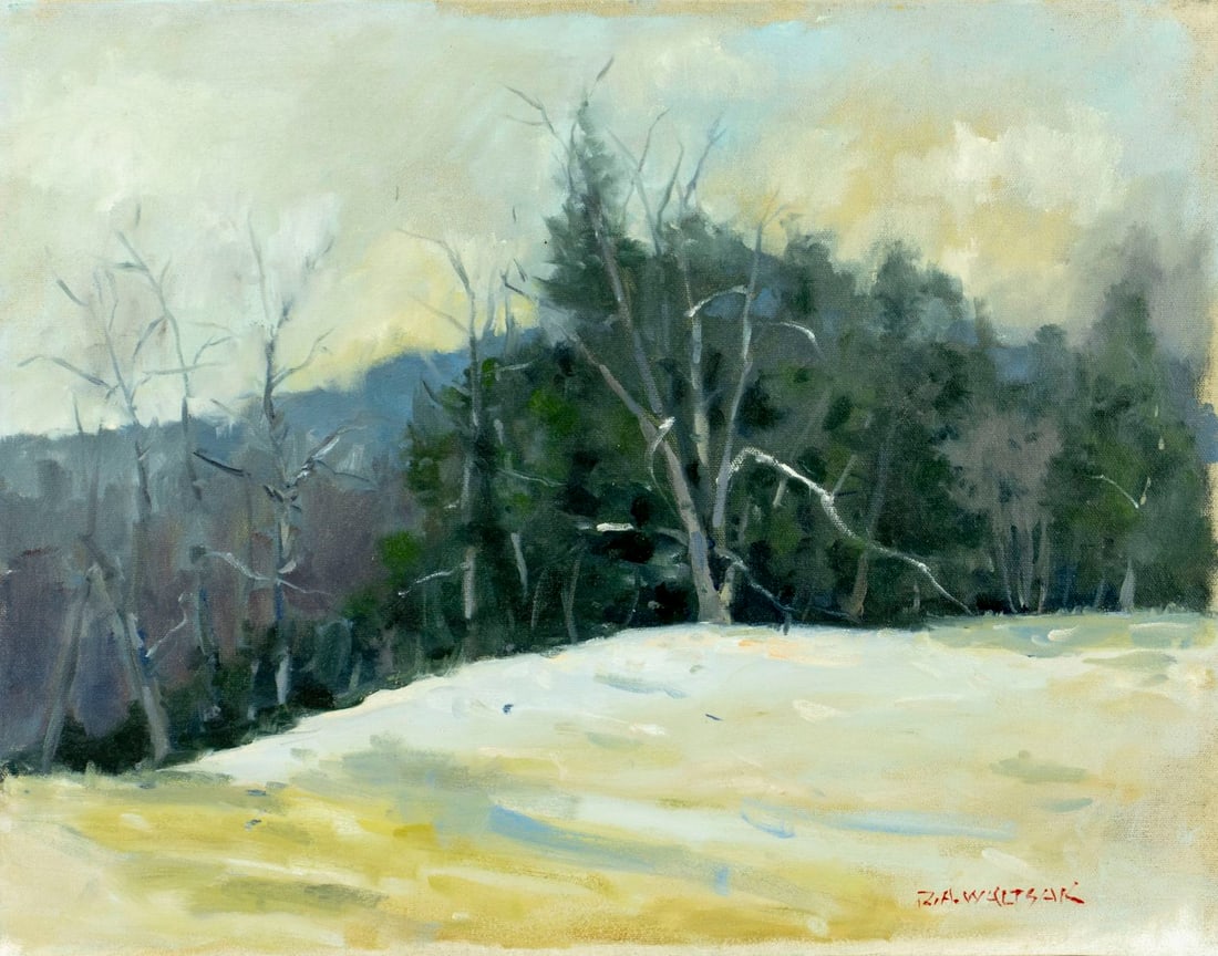 Robert Waltsak (NJ,b 1944) oil painting: ARTIST: Robert Alan Waltsak (New Jersey, born 1944) TITLE: Winter Forest Landscape MEDIUM: oil on canvas CONDITION: Overall good. No visible inpaint under UV light. Normal w