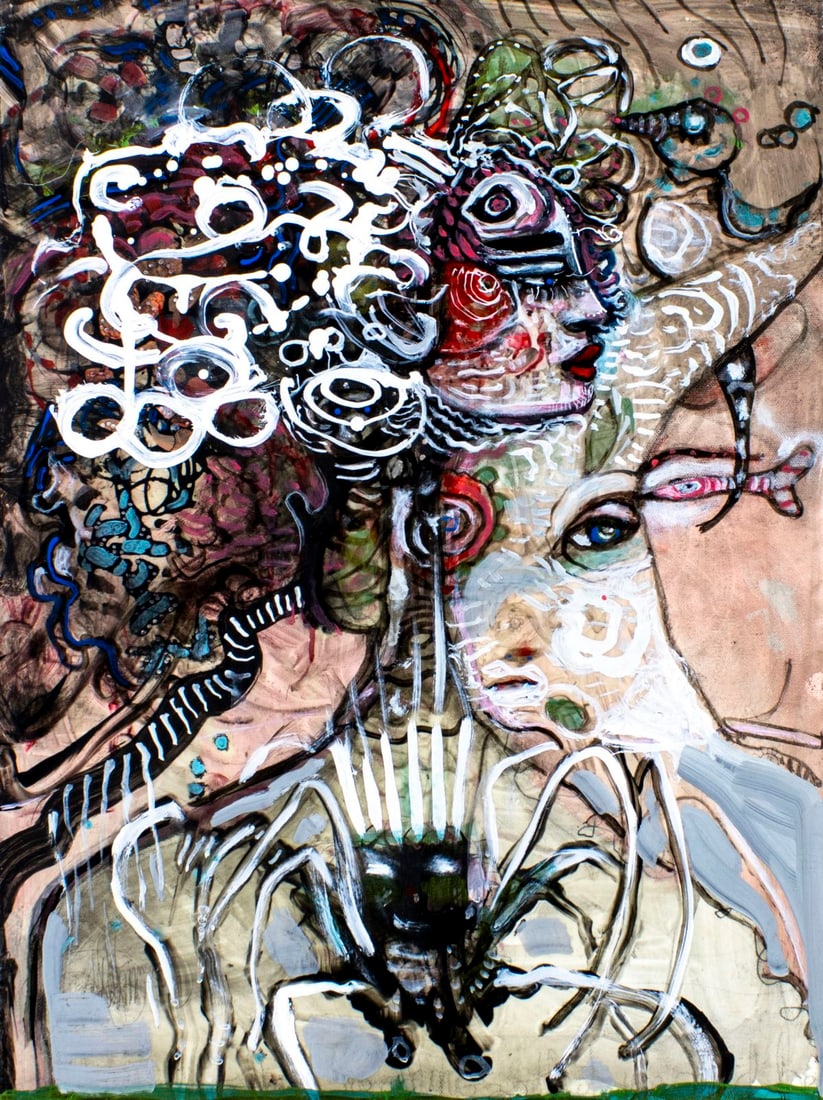 Julie Ross (FL,1956-2021) oil painting: ARTIST: Julie Ross (Florida, 1956 - 2021) TITLE: Abstract Composition MEDIUM: oil on canvas CONDITION: Very good. No visible inpaint under UV light. ART SIZE:</