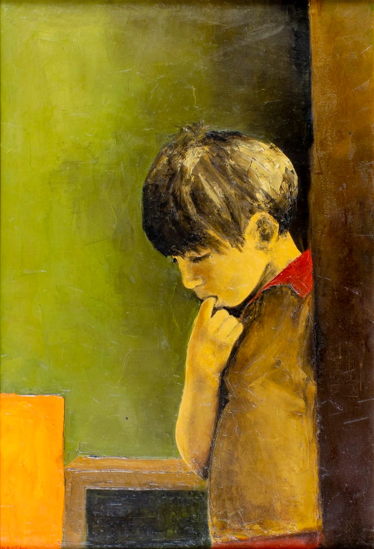 D Politikos (US,20C) oil painting: ARTIST: D Politikos (American, 20 century) TITLE: Portrait of Boy MEDIUM: oil on canvas CONDITION: Minor craquelure. No visible inpaint under UV light. ART SIZE:<