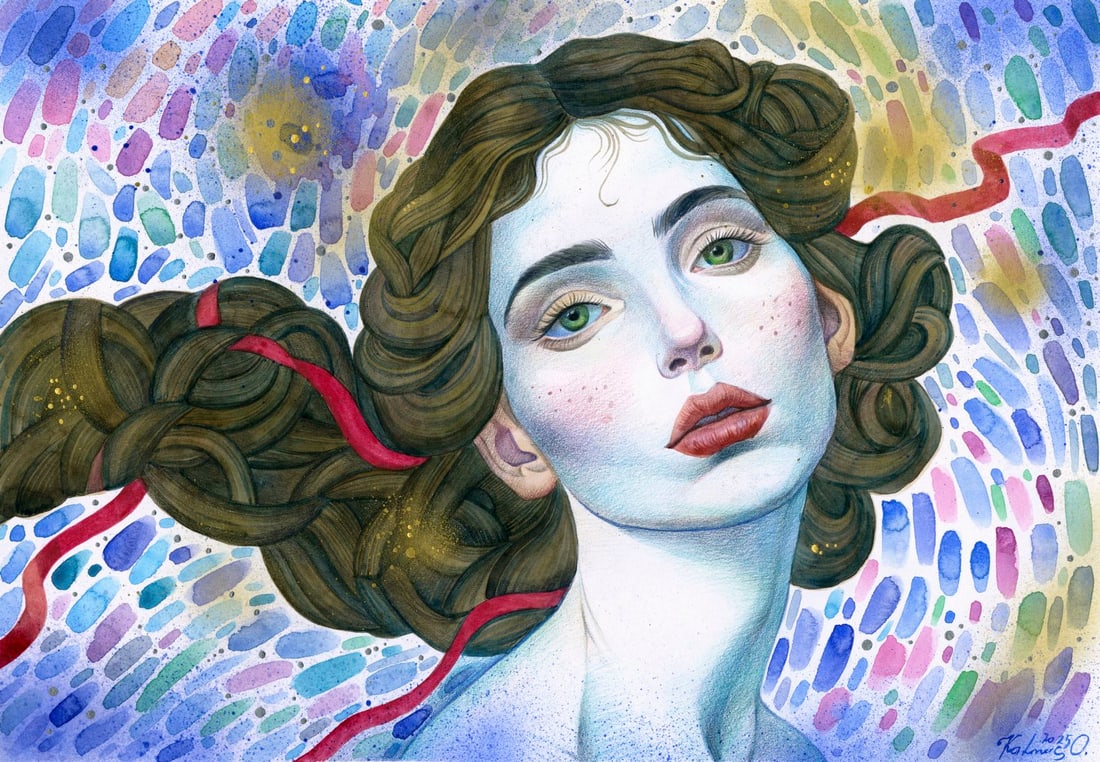 Olena Kalmus (Ukraine,b 1996) watercolor painting: ARTIST: Olena Kalmus (Ukrainian, born 1996) TITLE: Woman with Braid MEDIUM: watercolor on heavy paper CONDITION: Very good. ART SIZE: 12 x 16 inches / 30